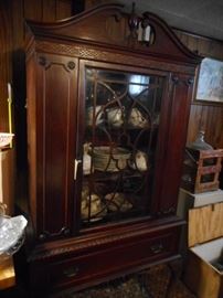 Hand Carved Vintage Mahogany Curio Cabinet. Gorgeous!! 3 Wood Shelves..Claw Ball Feet. Linen Drawer