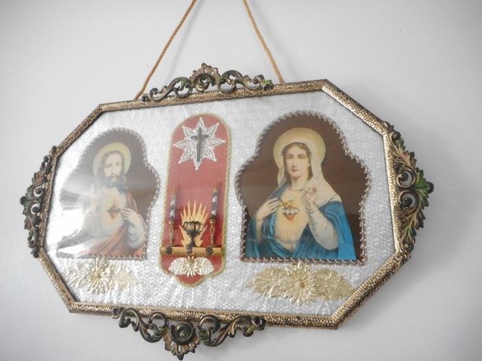 Vintage Immaculate Sacred Heart Painting Glass Tin 