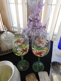 Hand Painted Wine Glasses. Hand Blown Venetian Water Pitcher