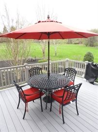Patio 4 Chair Dining Set Black With Red Cushions And Umbrella