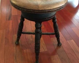 ANTIQUE ORGAN STOOL WITH GLASS BALL CLAW FEET