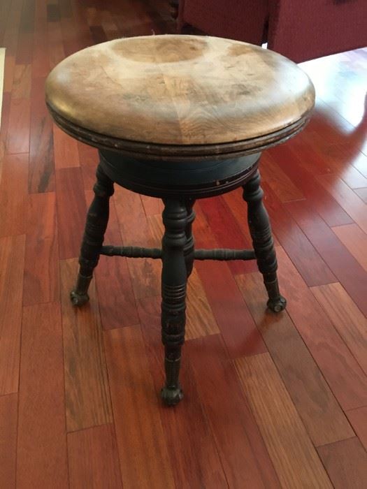 ANTIQUE ORGAN STOOL WITH GLASS BALL CLAW FEET