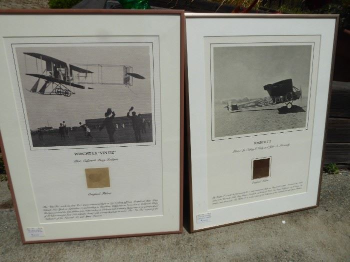 Framed pictures with fabric samples  1923 New York-San Diego non stop and 1911 New York-Pasadena  flight