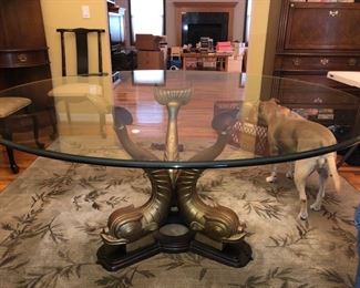 Vintage Hollywood Regency brass Dolphin base glass top dining table with 6 chairs 