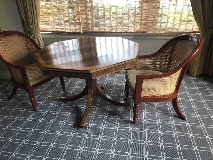 Octagonal Regency Game Table and 2 Cane Back Red Lacquer Chairs