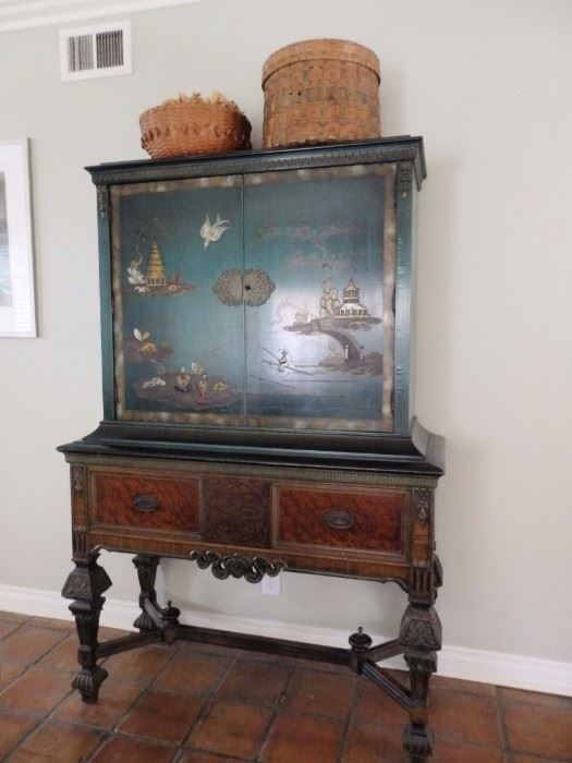 William & Mary style 1930-1940 black lacquered chinoiserie china cabinet w engraved brass mounts