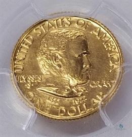 1922 US Grant Commemorative Gold Dollar PCGS Unc Details / Uncirculated but lightly cleaned. Grant No Star Variety. One of the 13 gold commemoratives issued by the US Mint in the early 20th Century. Certified by PCGS.