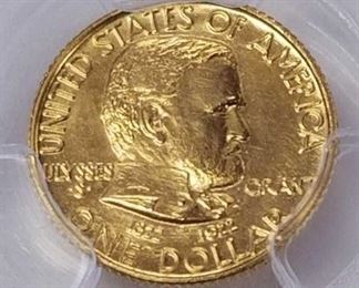 1922 US Grant Commemorative Gold Dollar PCGS Unc Details / Uncirculated but lightly cleaned. Grant No Star Variety. One of the 13 gold commemoratives issued by the US Mint in the early 20th Century. Certified by PCGS.
