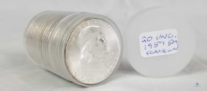 Roll of 20 Uncirculated 1957 Silver Franklin 50c / $10 Face Value, 7.14 troy ounces silver
