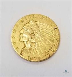 1908 $2.50 US Gold Indian XF / Extra Fine, 0.1209 troy oz. gold
