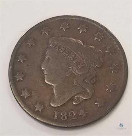 1824 US Large Cent, VG / Very Good, Matron Head Design
