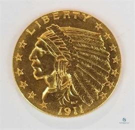 1911 $2.50 US Gold Indian AU / Almost uncirculated with slight rub, 0.1209 troy oz. gold
