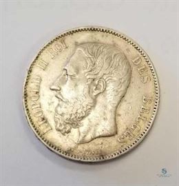 Belguim 1873 Silver 5 Francs, VF+ / KM #24, 0.7234 ASW, Leopold II, Silver dollar sized coin
