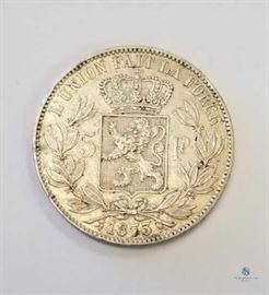 Belguim 1873 Silver 5 Francs, VF+ / KM #24, 0.7234 ASW, Leopold II, Silver dollar sized coin
