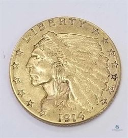 1914-D $2.50 US Gold Indian XF / Extra Fine, 0.1209 troy oz. gold
