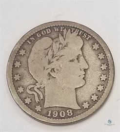 1908-D US Silver Barber 25c G / Denver Mint, Good
