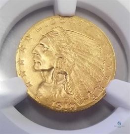 1910 $2.50 US Gold Indian NGC MS62 / Nice uncirculated coin, 0.1209 troy oz. gold, third party graded by NGC.
