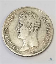France 1826-A Silver 5 Francs VF / KM #720.1, 0.7234 ASW, Paris Mint, Charles X, Silver dollar sized coin
