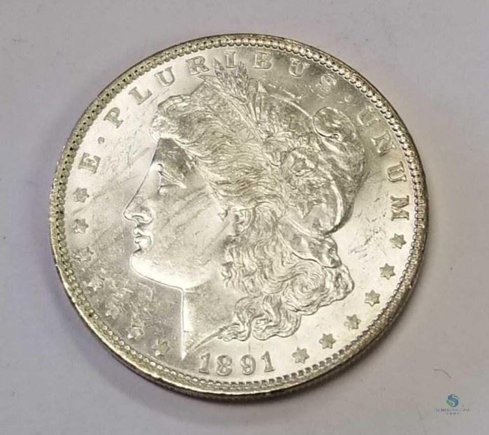 1891 US Morgan Silver Dollar Unc / Uncirculated, Light Scratches Obverse
