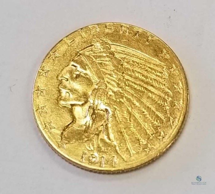 1914-D $2.50 US Gold Indian AU / Almost uncirculated, 0.1209 troy oz. gold
