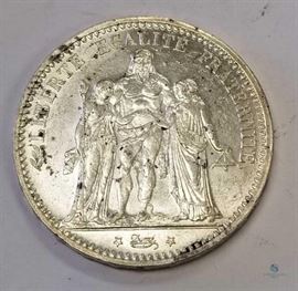 France 1874-A Silver 5 Francs Uncirculated / KM 820.1, 0.7234 ASW, Third Republic, Paris Mint, Uncirculated with few dark spots, seldom seen this nice.
