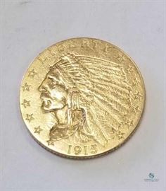 1915 $2.50 US Gold Indian AU / Almost uncirculated, 0.1209 troy oz. gold

