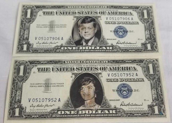 Lot 2 1957 US Silver Certificates, overprinted with John and Jackie Kennedy Photos / Two genuine crisp uncirculated dollar bills with overprinted pictures of the past president and his wife.
