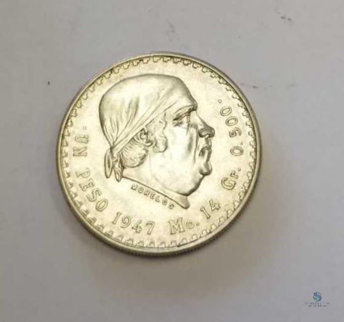 Mexico 1947 Silver 1 Peso AU / KM #456, 0.2250 ASW, Almost Uncirculated
