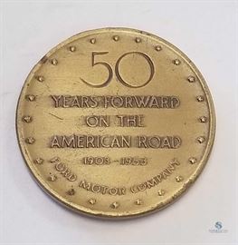 1953 Ford Motor Company 50th Anniversary Medallion / Obverse shows Henry Ford, Edsel Ford, and Henry Ford II, Reverse "50 Years Forward on the American Road"
