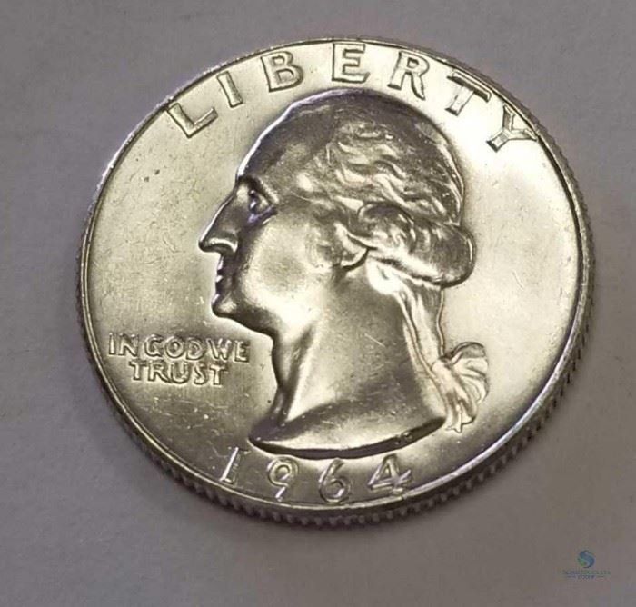 1964-D Silver Washington 25c Unc / Denver Mint, Brilliant Uncirculated
