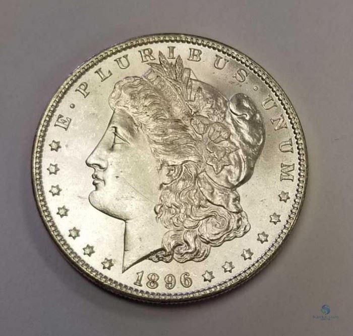 1896 US Morgan Silver Dollar MS64 / Choice Uncirculated, Dark spot on reverse
