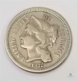 1872 US 3 Cent Nickel VF / Very fine, the original US nickel coin
