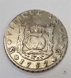 Mexico 1757 MM Silver 8 Reales VG+, Pirate Treasure. / KM 104.2. 0.7980 ASW, Ferdinand VI, Mexico City Mint. Also known as "pillar dollar" or "piece of eight".
