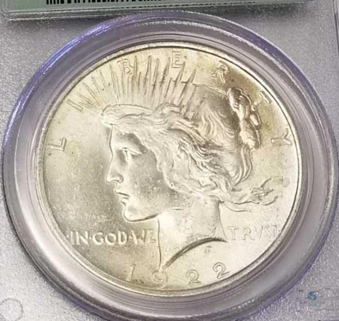 1922 Silver Peace Dollar PCGS MS63 / Choice uncirculated, and certified in an old green PCGS holder
