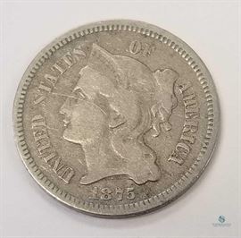 1875 US 3 Cent Nickel VF / Very fine, the original US nickel coin
