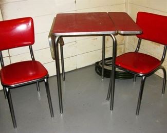 CHROMECRAFT RED AND CHROME FRAME DROP SIDE TABLE AND 2 CHAIRS buy it now $ 95.00