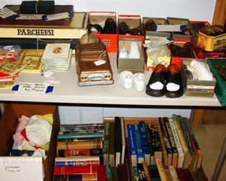 few old games , books and collection of vintage little boy shoes