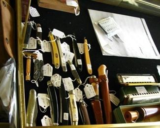 pocket knife and straight razor collections. old duck call