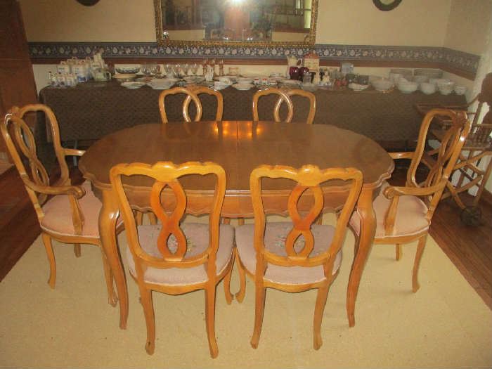DINING ROOM SET, TABLE AND EIGHT CHAIRS