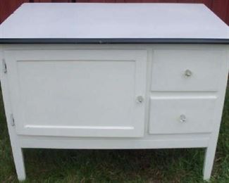Antique cabinet with enamel top.  Very country kitchen.
