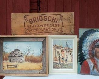 Vintage sign and artwork including painting of Sear's mail order barn.