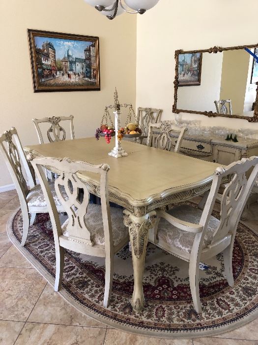 Stunning gray/white distressed dining table w/7 chairs - $545