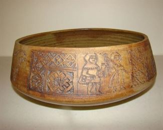 Salt glazed ceramic bowl with Norse characters and designs