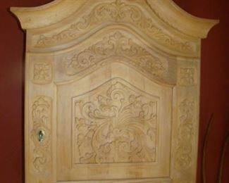 Locking Carved wooden wall cabinet with accessories inside