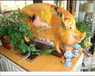 carved wooden painted pig