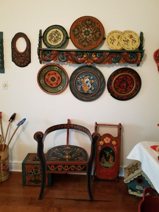 Partial selection of rosemaling items.