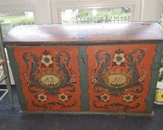 Large Rosemaling painted trunk.