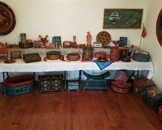 Large selection of Norweigan objects and Rosemaling boxes, trunks and platters.