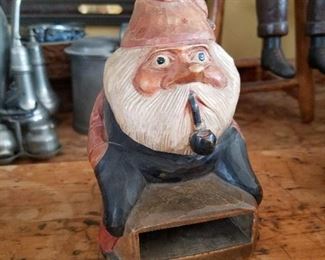 Carved wooden knome match box holder.