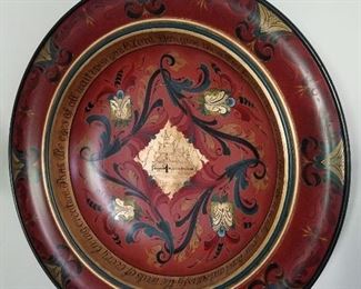 Enid Grindland , 30" red & gold painted wooden bowl, with calligraphic prayer around inside border.